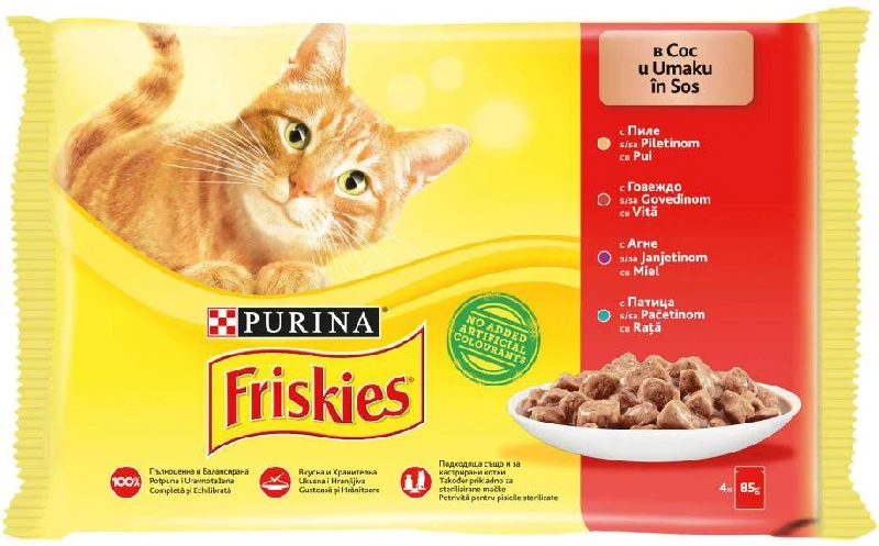 FRISKIES Pachet plicuri pt pisici Adulte, cu Pui, Vită, Miel şi Raţă 4x85g